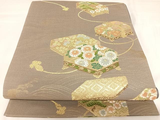 平和屋着物◎六通柄袋帯 唐織 花文箱文 金糸 正絹 逸品 AABK0718yx