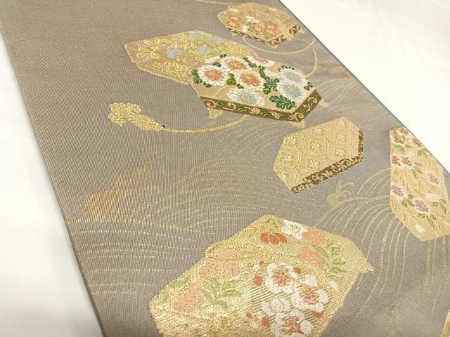 平和屋着物◎六通柄袋帯 唐織 花文箱文 金糸 正絹 逸品 AABK0718yx