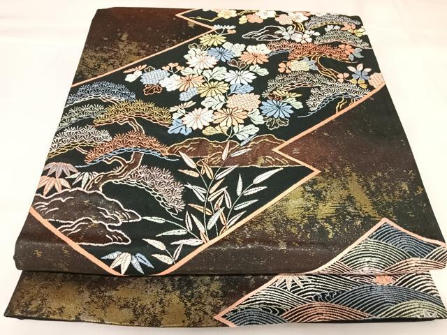 平和屋着物◎六通柄袋帯 唐織 慶祥延寿園文 黒地 金糸 引箔 正絹 逸品 AABK0720yx