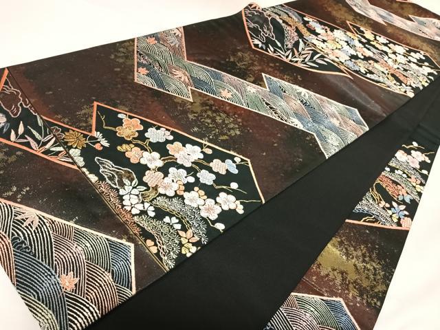 平和屋着物◎六通柄袋帯 唐織 慶祥延寿園文 黒地 金糸 引箔 正絹 逸品 AABK0720yx