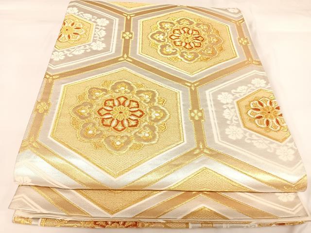 平和屋着物◎六通柄袋帯 唐織 亀甲花文 金銀糸 正絹 逸品 AABK0732yx