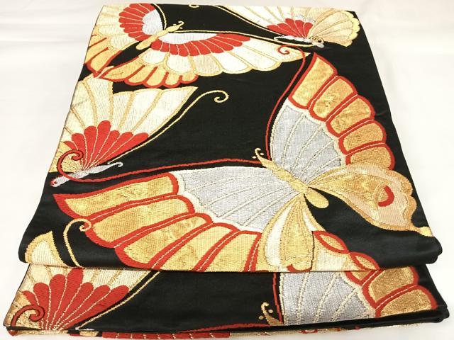 平和屋着物◎六通柄京袋帯 唐織 舞蝶文 黒地 金銀糸 正絹 逸品 AABK0733yx