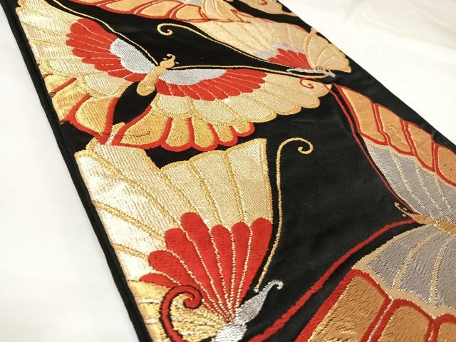 平和屋着物◎六通柄京袋帯 唐織 舞蝶文 黒地 金銀糸 正絹 逸品 AABK0733yx