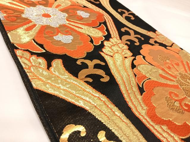 平和屋着物◎西陣 六通柄袋帯 唐織 立涌花文 黒地 金銀糸 正絹 逸品 AABK0740yx
