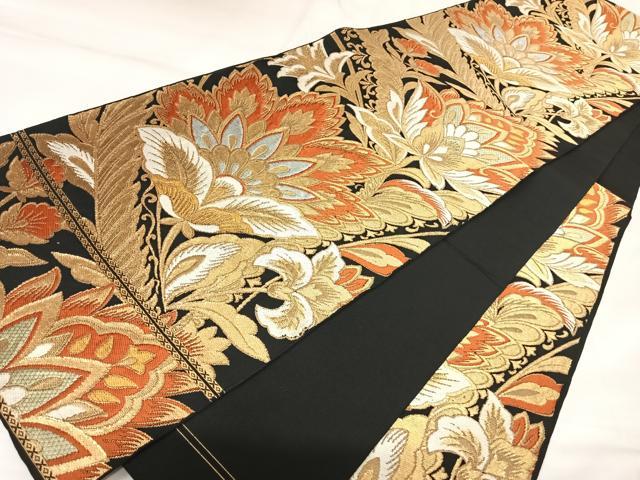 平和屋着物◎六通柄 本袋帯 唐織 更紗花文 黒地 金糸 正絹 逸品 AABK0772yx