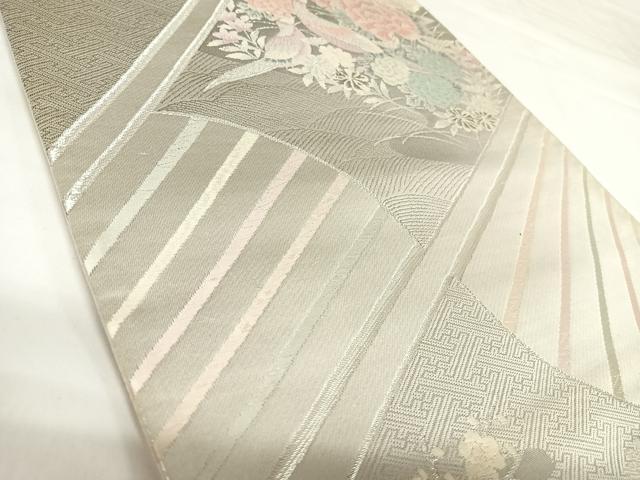 平和屋着物◎六通柄袋帯 唐織 扇取花鳥文 プラチナ二重箔 正絹 逸品 AABK0779yx