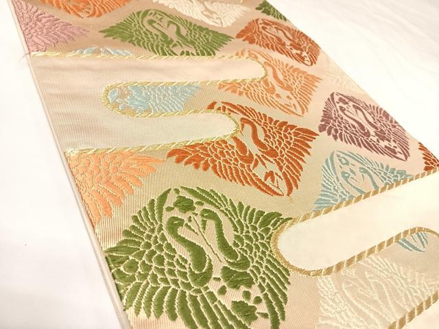平和屋着物◎太鼓柄袋帯 唐織 向かい鳥エ霞文 金糸 正絹 逸品 AABK0819yx