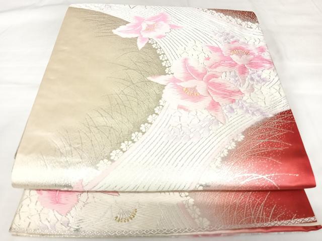 平和屋着物◎六通柄袋帯 唐織 流水花文 金銀糸 正絹 逸品 AABK0829yx