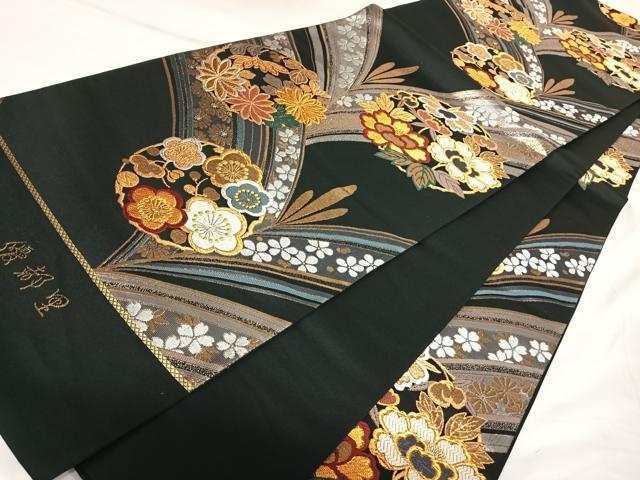 平和屋着物◎西陣 全通柄袋帯 唐織 優都里 花丸文 黒地 金銀糸 正絹 逸品 AABK0861yx