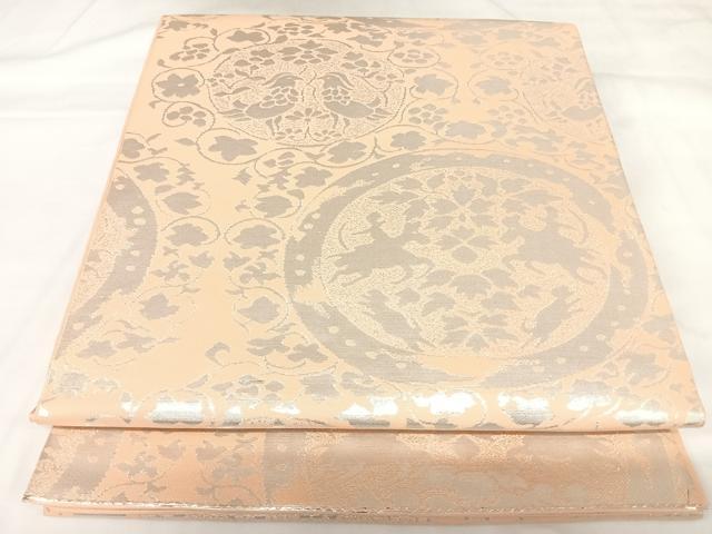 平和屋着物◎六通柄 本袋帯 狩猟花鳥文 純銀箔 正絹 逸品 AABK0871yx