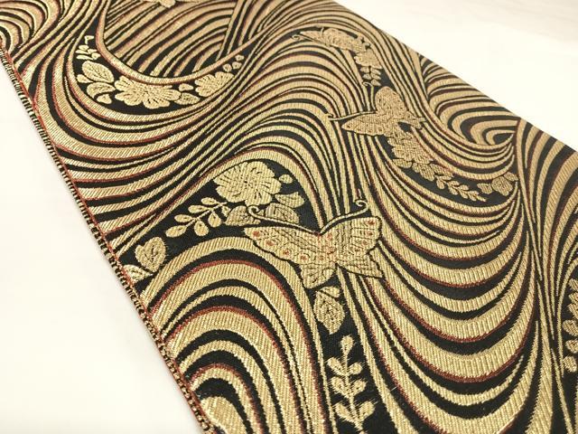 平和屋着物◎両面六通柄袋帯 花蝶文 黒地 金糸 正絹 逸品 AABK0882yx