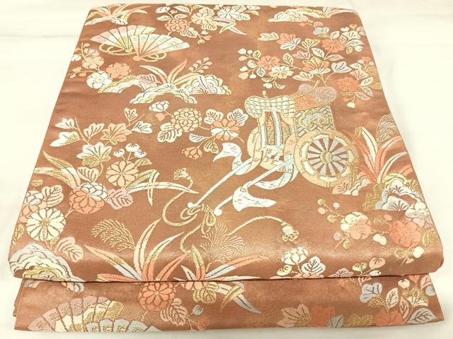 平和屋着物◎六通柄袋帯 唐織 御所車花文 金糸 正絹 逸品 AABK0885yx