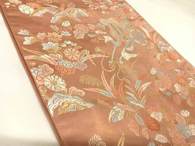 平和屋着物◎六通柄袋帯 唐織 御所車花文 金糸 正絹 逸品 AABK0885yx