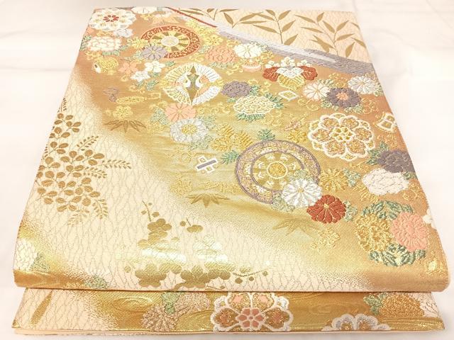 平和屋着物◎六通柄袋帯 唐織 双鶴花文 金銀糸 正絹 逸品 AABK0889yx