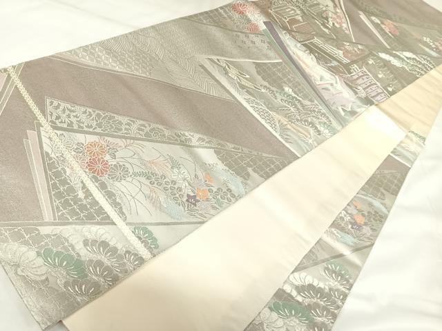 平和屋着物◎六通柄袋帯 唐織 裂取巻絵文 プラチナ箔 手織二重箔 正絹 逸品 AABK0896yx