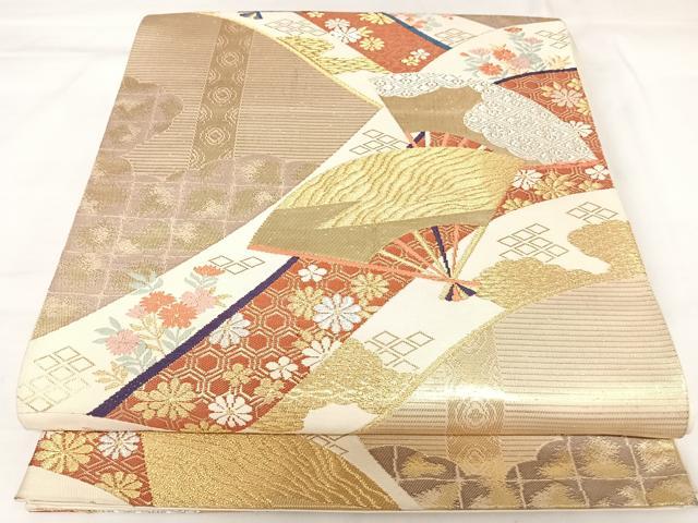 平和屋着物◎六通柄袋帯 唐織 扇面花文 金銀糸 正絹 逸品 AABK0904yx