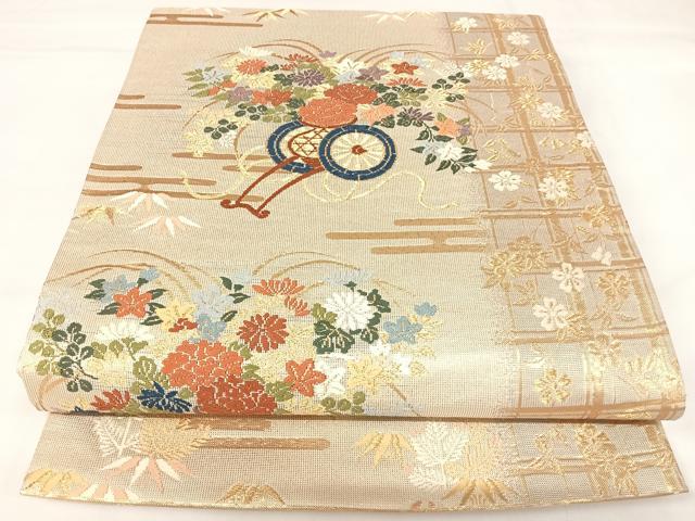 平和屋着物◎六通柄袋帯 唐織 花車文 金糸 正絹 逸品 AABK0920yx