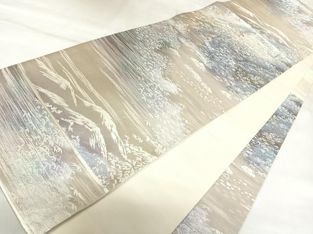 平和屋着物◎六通柄袋帯 遠山風景文 銀糸 正絹 逸品 AABK0947yx