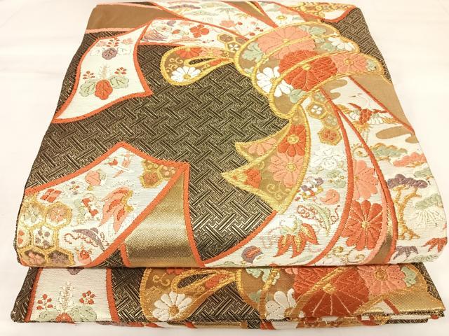 平和屋着物◎佐賀錦 六通柄袋帯 唐織 吉祥草花文 金糸 正絹 逸品 AABK0957yx