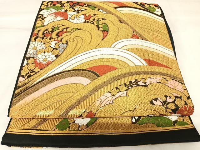 平和屋着物◎六通柄袋帯 唐織 立波花文 金銀糸 正絹 逸品 AABK0962yx