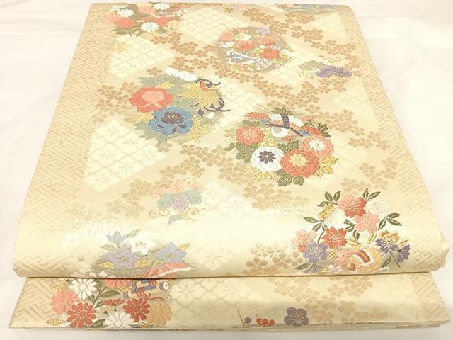 平和屋着物◎六通柄袋帯 唐織 飛鶴花丸文 金銀糸 正絹 逸品 AABK0968yx
