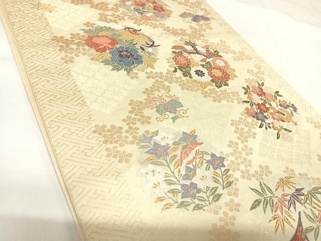 平和屋着物◎六通柄袋帯 唐織 飛鶴花丸文 金銀糸 正絹 逸品 AABK0968yx