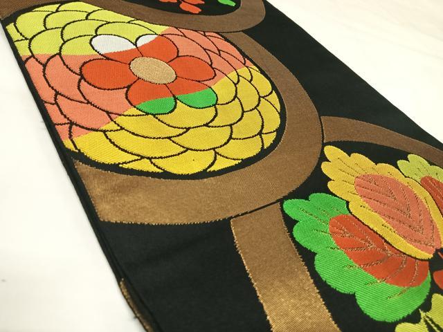平和屋着物◎全通柄本袋帯 唐織 花丸文 黒地 金糸 正絹 逸品 AABK0974yx
