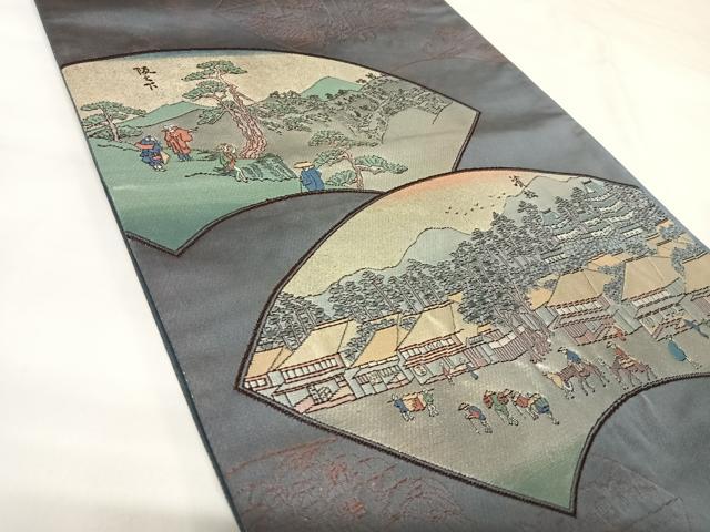 平和屋着物◎太鼓柄袋帯 地紙東海道五十三次 金銀糸 正絹 逸品 AABK0977yx