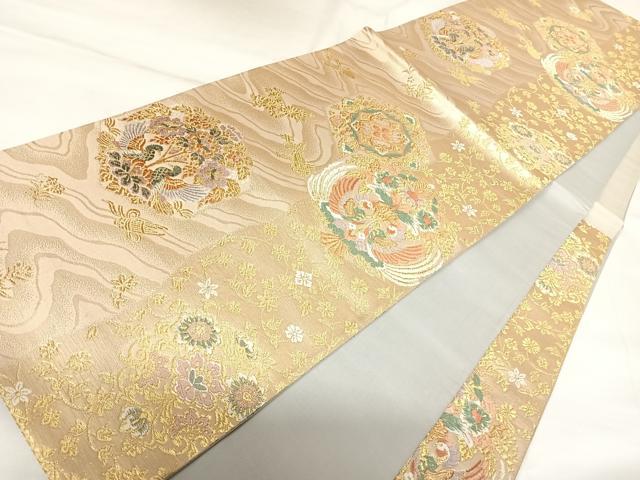 平和屋着物◎六通柄袋帯 唐織 向かい鳥花文 金糸 正絹 逸品 AABK0989yx