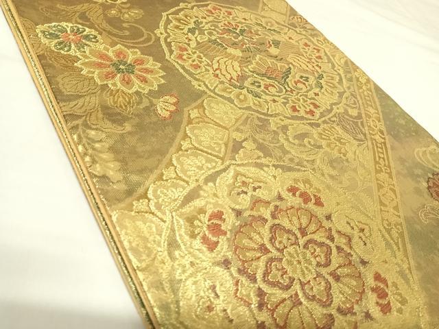 平和屋着物◎西陣 六通柄袋帯 向かい鳥花文 金糸 正絹 逸品 AABK0999yx
