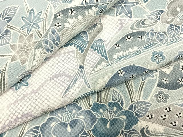 平和屋着物●上質な小紋 型染め 風景花鳥文 正絹 逸品 AABK1006fy