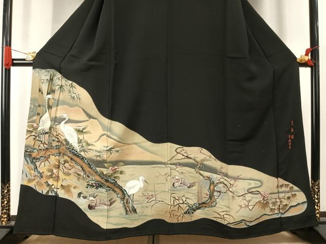 平和屋着物●等楊雪舟 黒留袖 花鳥図 暈し染め 正絹 逸品 AABK1007fy