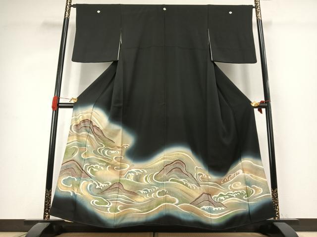 平和屋着物●豪華黒留袖 刺繍 風景文 黒地 金糸 金彩 正絹 逸品 AABK1015fy