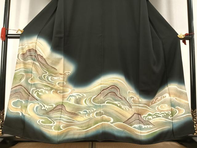 平和屋着物●豪華黒留袖 刺繍 風景文 黒地 金糸 金彩 正絹 逸品 AABK1015fy