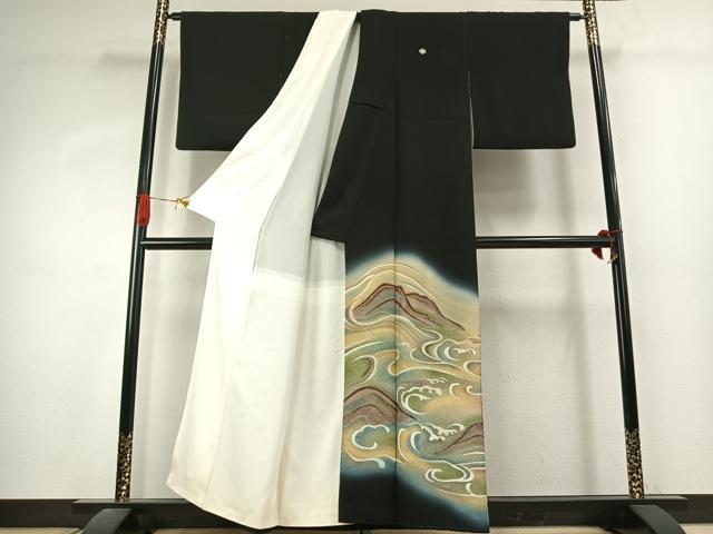 平和屋着物●豪華黒留袖 刺繍 風景文 黒地 金糸 金彩 正絹 逸品 AABK1015fy