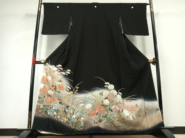平和屋着物●豪華黒留袖 駒刺繍 花鳥文 暈し染め 金彩 正絹 逸品 未使用 AABK1019fy