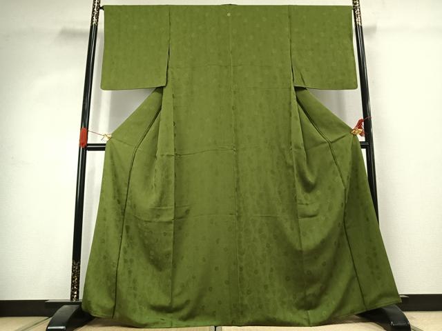 平和屋着物●上質な色無地 立涌花地紋 草色 正絹 逸品 AABK1023fy