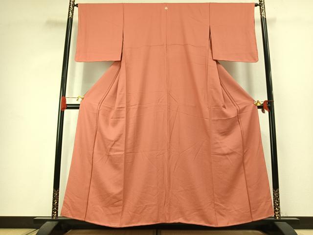 平和屋着物●上質な色無地 紋意匠 珊瑚朱色 正絹 逸品 未使用 AABK1037fy