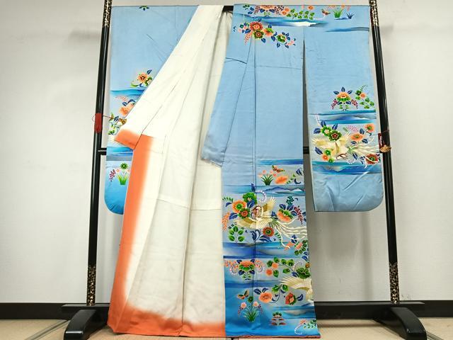 平和屋着物●本手描友禅作家 秋山章 振袖 舞蝶花鳥文 暈し染め 金彩 正絹 逸品 AABK1061fy