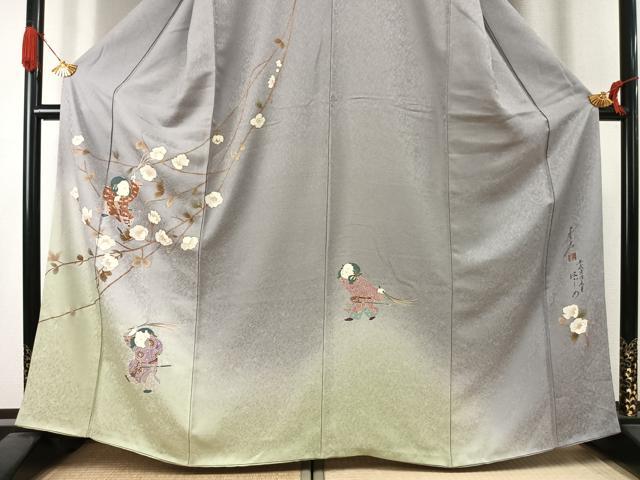 平和屋着物●友禅作家の巨匠 浅井青仁 訪問着 人物枝花文 暈し染め 金彩 正絹 逸品 AABK1067fy