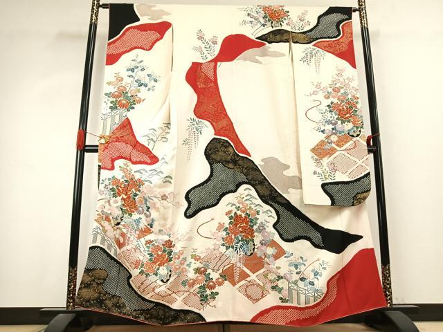 平和屋着物○豪華振袖 駒刺繍 絞り 片輪車花文 金彩 正絹