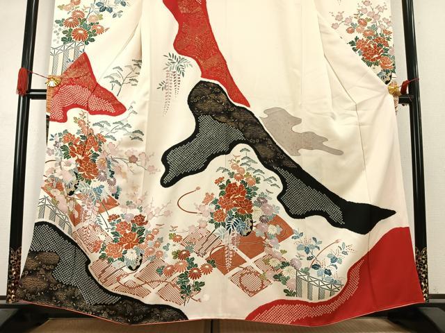 平和屋着物●豪華振袖 駒刺繍 絞り 片輪車花文 金彩 正絹 逸品 AABK1079fy