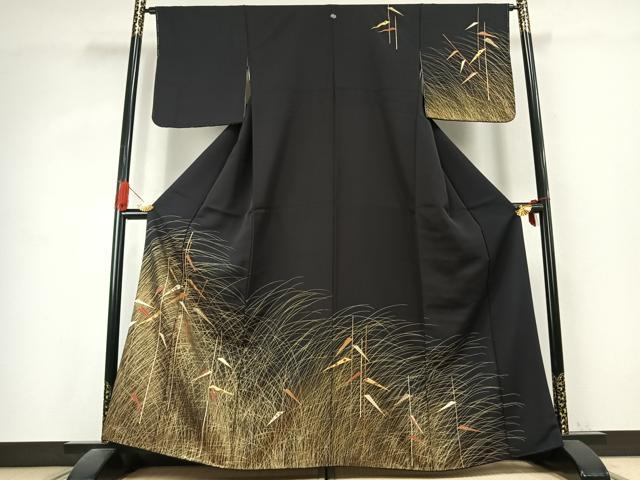 平和屋着物●訪問着 刺繍 芝草文 黒地 金彩 正絹 逸品 未使用 AABK1108fy