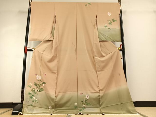 平和屋着物●京友禅 阪東峰彩 訪問着 草花文 暈し染め 浜ちりめん 仮絵羽 正絹 逸品 未使用 AABK1116fy