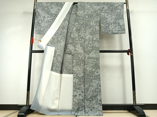 平和屋着物●お召 天目織 切嵌花蝶文 さが美扱い 胴抜き仕立て 正絹 逸品 AABK1120fy