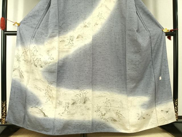 平和屋着物●京友禅作家 山科春宣 訪問着 ぜんまい紬 手描き 鳥獣戯画 暈し染め 金彩 正絹 逸品 AABK1122fy