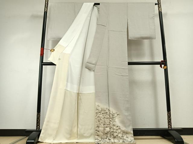 平和屋着物●訪問着 手描き 桐竹鳳凰地紋 笹竹文 暈し染め 金彩 反端付き 正絹 逸品 未使用 AABK1130fy