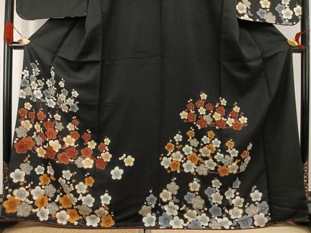 平和屋着物●訪問着 枝梅文 黒地 金彩 正絹 逸品 未使用 AABK1142fy