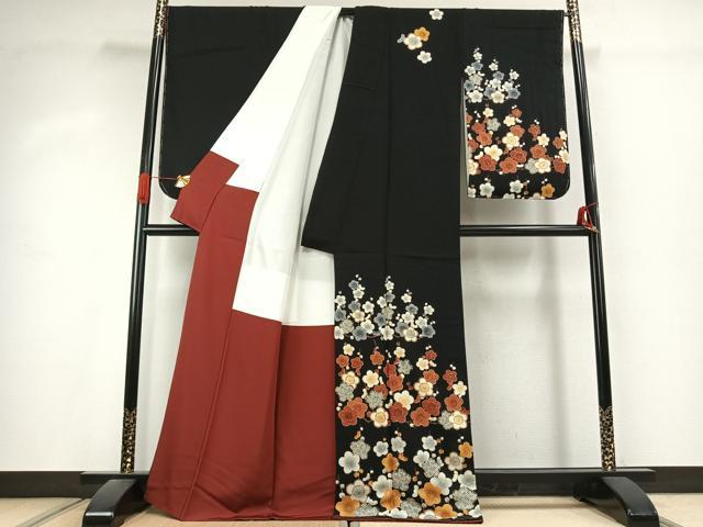 平和屋着物●訪問着 枝梅文 黒地 金彩 正絹 逸品 未使用 AABK1142fy