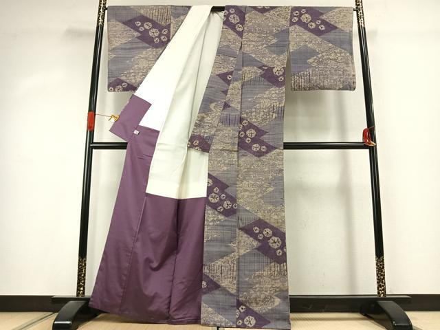 平和屋着物●上質な紬 粋織彩染 かすり絞り 型染め 松皮取り花文 証紙付き 正絹 逸品 AABK1151fy
